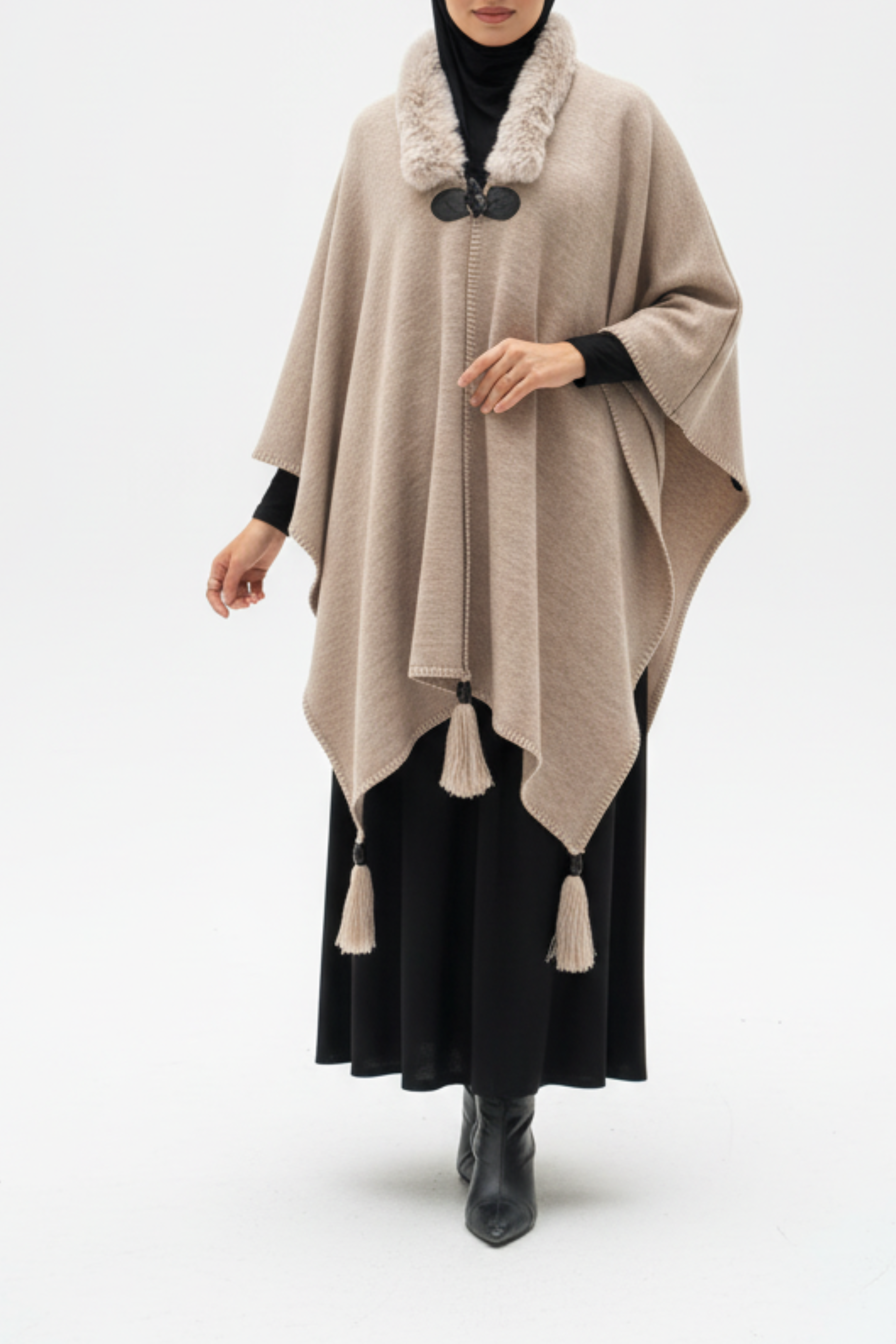 Fur Collar Knit Cape | Winter Warm Cape with Fur Neckline