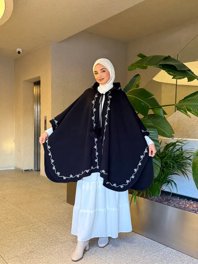 Embroidered & Hooded Winter Knit Cape