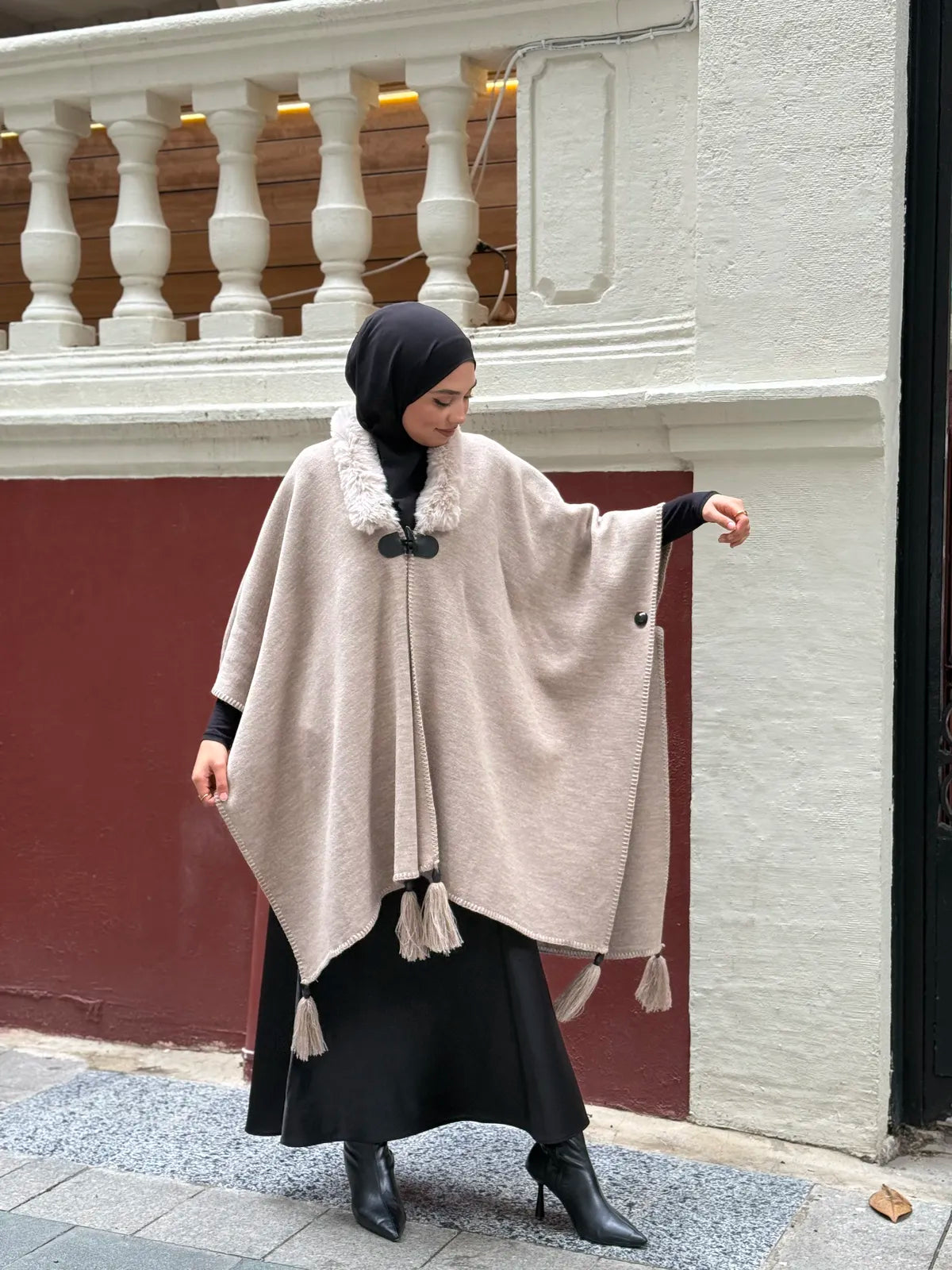 Fur Collar Knit Cape | Winter Warm Cape with Fur Neckline