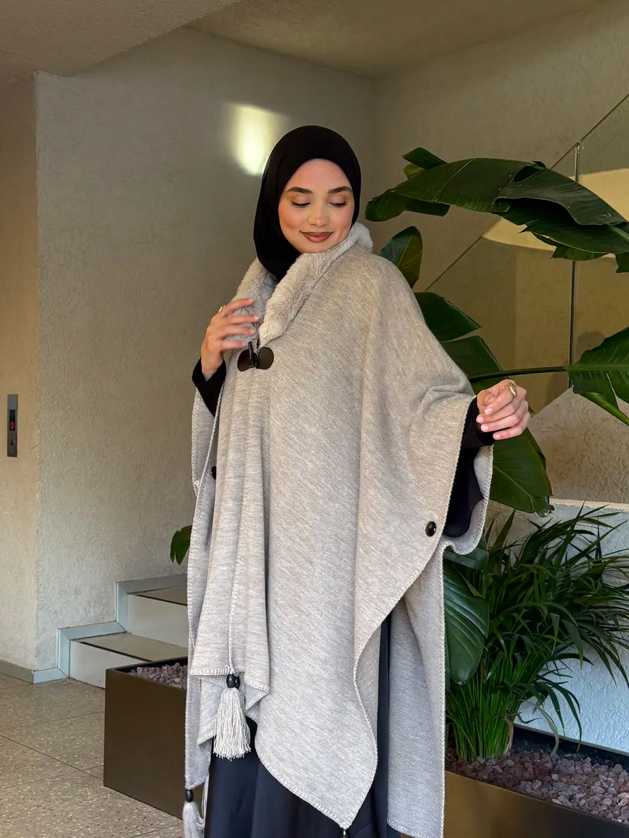 Fur Collar Knit Cape | Winter Warm Cape with Fur Neckline